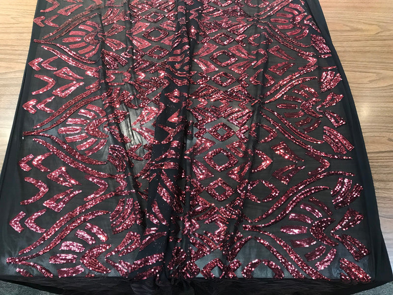 Black-burgundy geometric design embroidery with shiny sequins on a 4 way stretch mesh-dresses-fashion-prom-nightgown-sold by the yard.