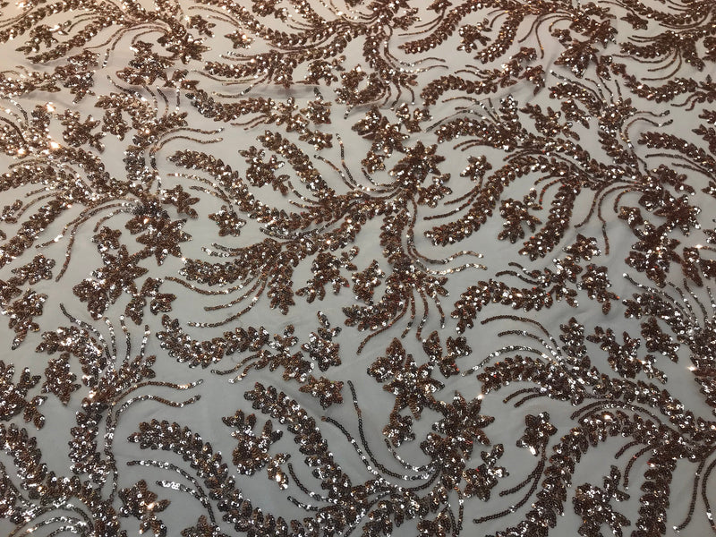 Rose gold sequins vine design embroidery on a 4 way Stretch Mesh-dresses-aparel-prom-nightgown-decorations-sold by the yard.