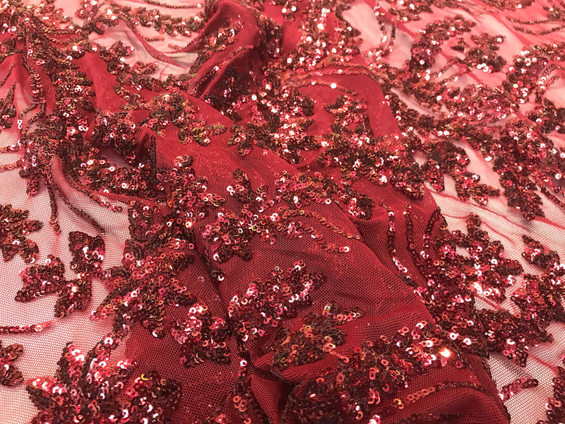Burgundy sequins vine design embroidery on a4 way Stretch Mesh-dresses-fashion-prom-nightgown-decorations-sold by the yard.