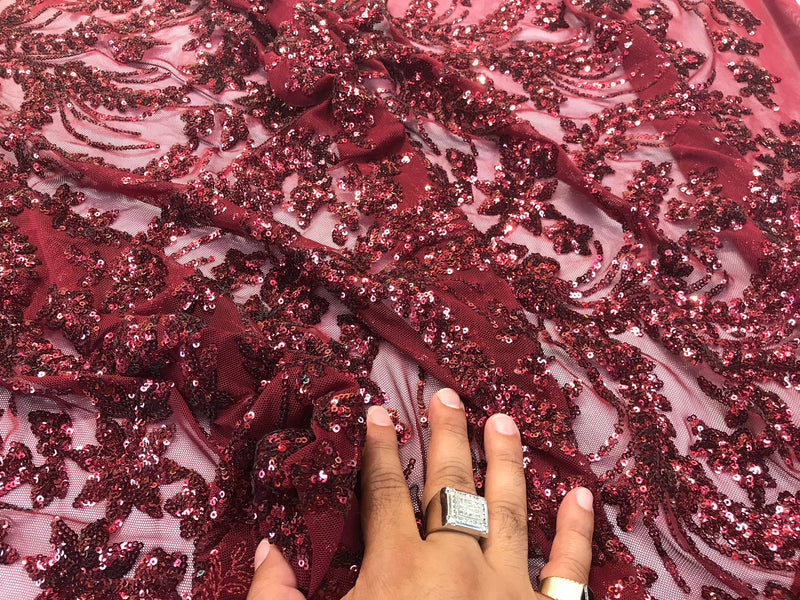 Burgundy sequins vine design embroidery on a4 way Stretch Mesh-dresses-fashion-prom-nightgown-decorations-sold by the yard.