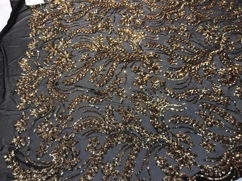 Gold sequins vine design embroidery on a black 4 way Stretch Mesh-dresses-fashion-prom-nightgown-decorations-sold by the yard.