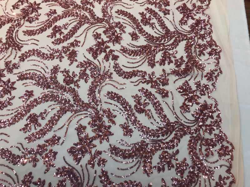 Dusty rose Sequins vine design embroidery on a 4 way stretch mesh-dresses-fashion-apparel-prom-nightgown-decorations-sold by the yard.