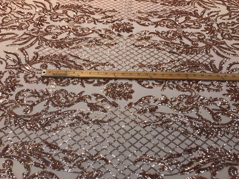 Gold rose sequins damask design embroidery on a nude 4 way stretch power mesh-sold out by the yard