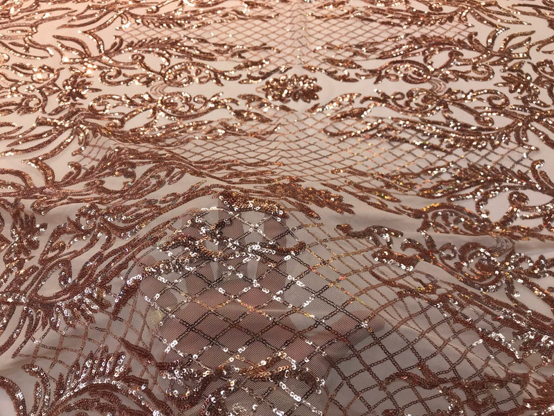 Gold rose sequins damask design embroidery on a nude 4 way stretch power mesh-sold out by the yard