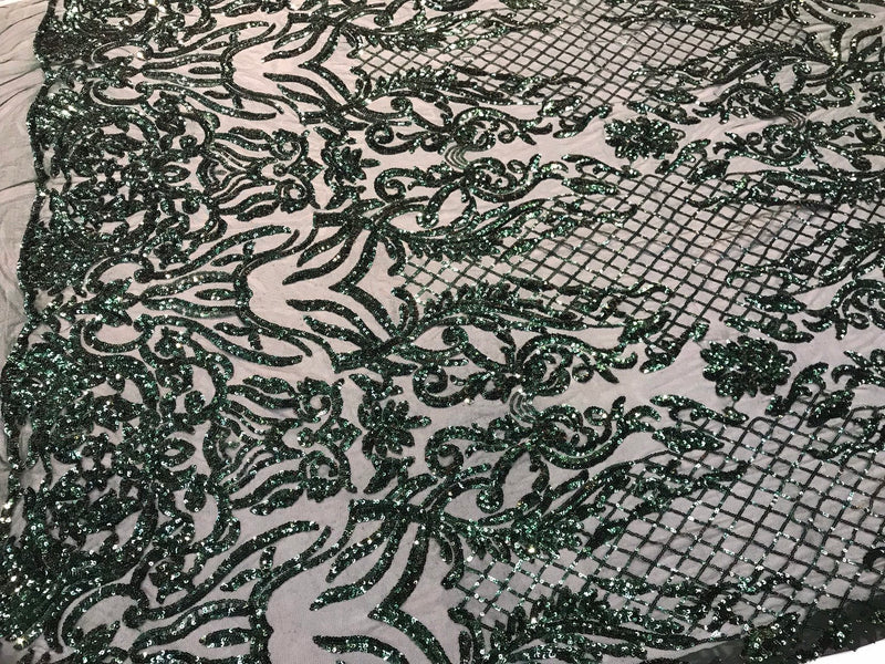 Hunter green sequins damask design embroidery on a 4 way stretch power mesh-dresses-fashion-apparel-prom-nightgown-sold by the yard.