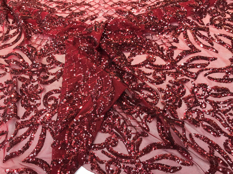 Burgundy sequins damask design embroidery on a 4 way stretch power mesh-dresses-fashion-apparel-prom-nightgown-sold by the yard.