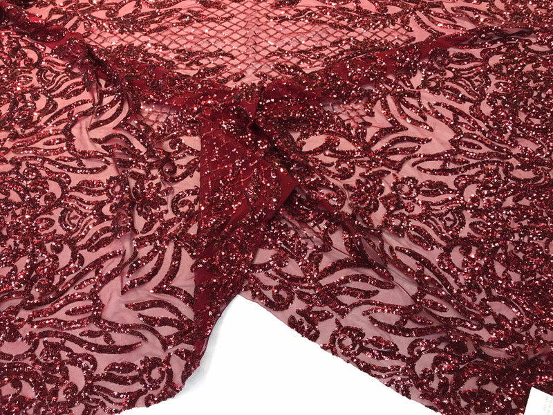 Burgundy sequins damask design embroidery on a 4 way stretch power mesh-dresses-fashion-apparel-prom-nightgown-sold by the yard.