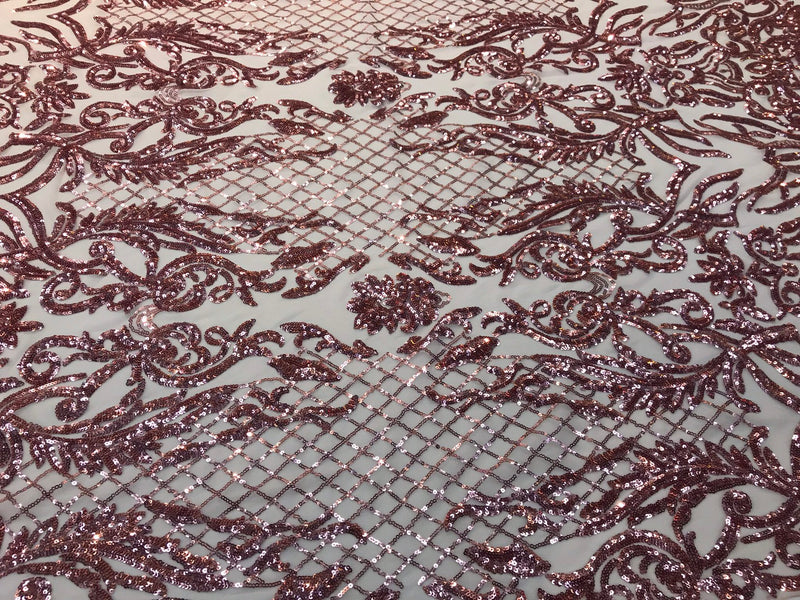 Dusty rose Sequins damask design embroidery on a peach 4 way stretch power mesh-dresses-fashion-apparel-prom-nightgown-sold by yard.