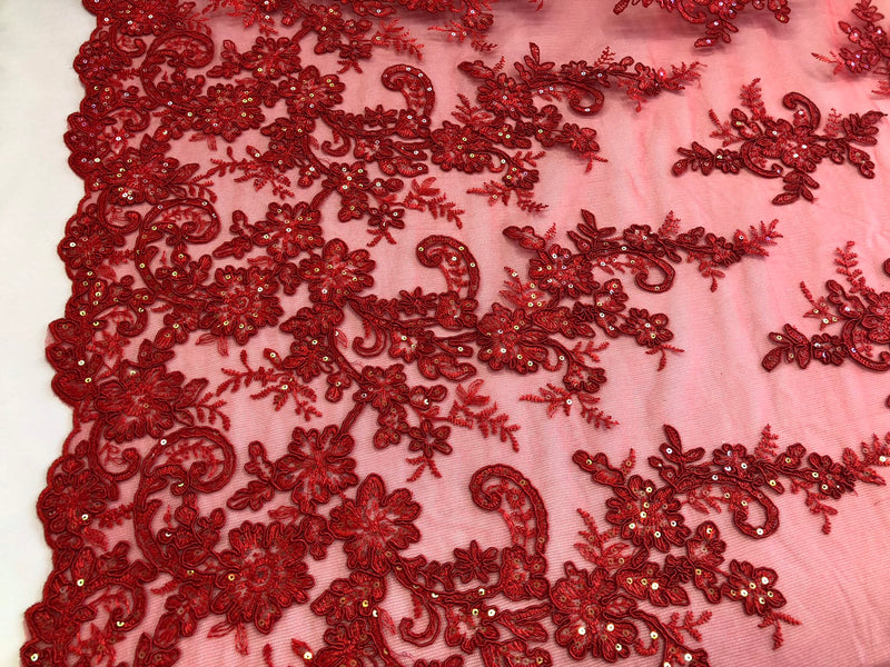 Red floral design embroidery with shiny iridescent sequins on a mesh lace-dresses-fashion-apparel-prom-nightgown-sold by the yard.