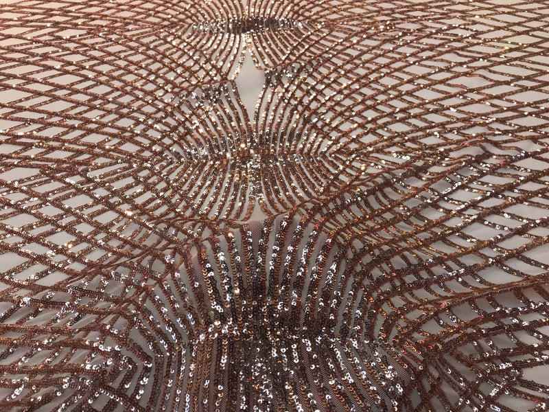 Rose gold sequins diamond design embroidery on a 4 way stretch power mesh-sold by the yard
