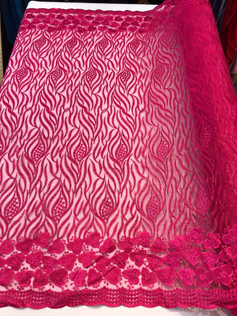 Fuchsia tree design embroidery with flowers and glitter sequins on a mesh lace-dresses-fashion-apparel-prom-nightgown-sold by the yard.