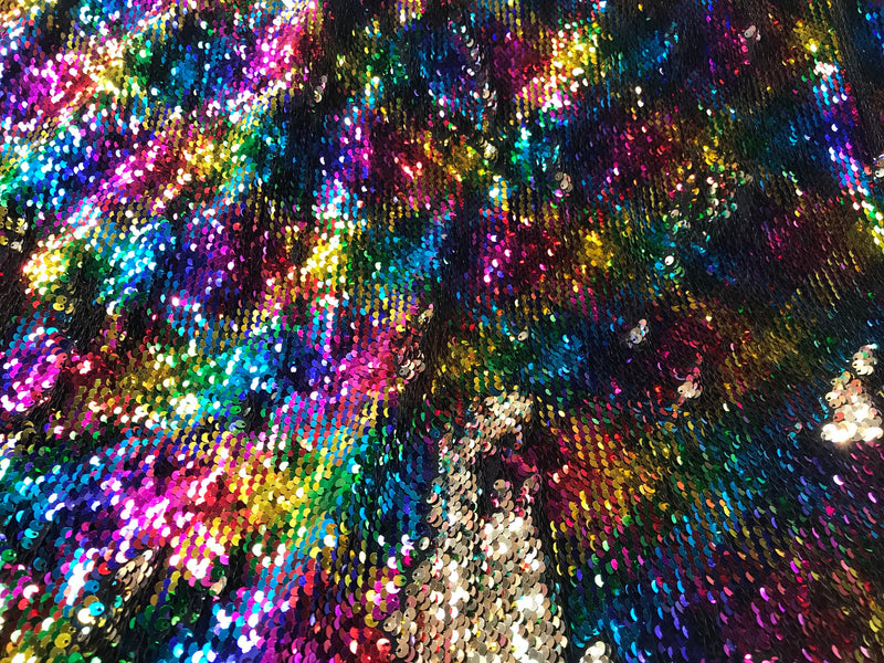 Gold-multi color  shiny sequins embroidery on a 2 way Stretch black spandex-dresses-fashion-prom-nightgown-sold by the yard.