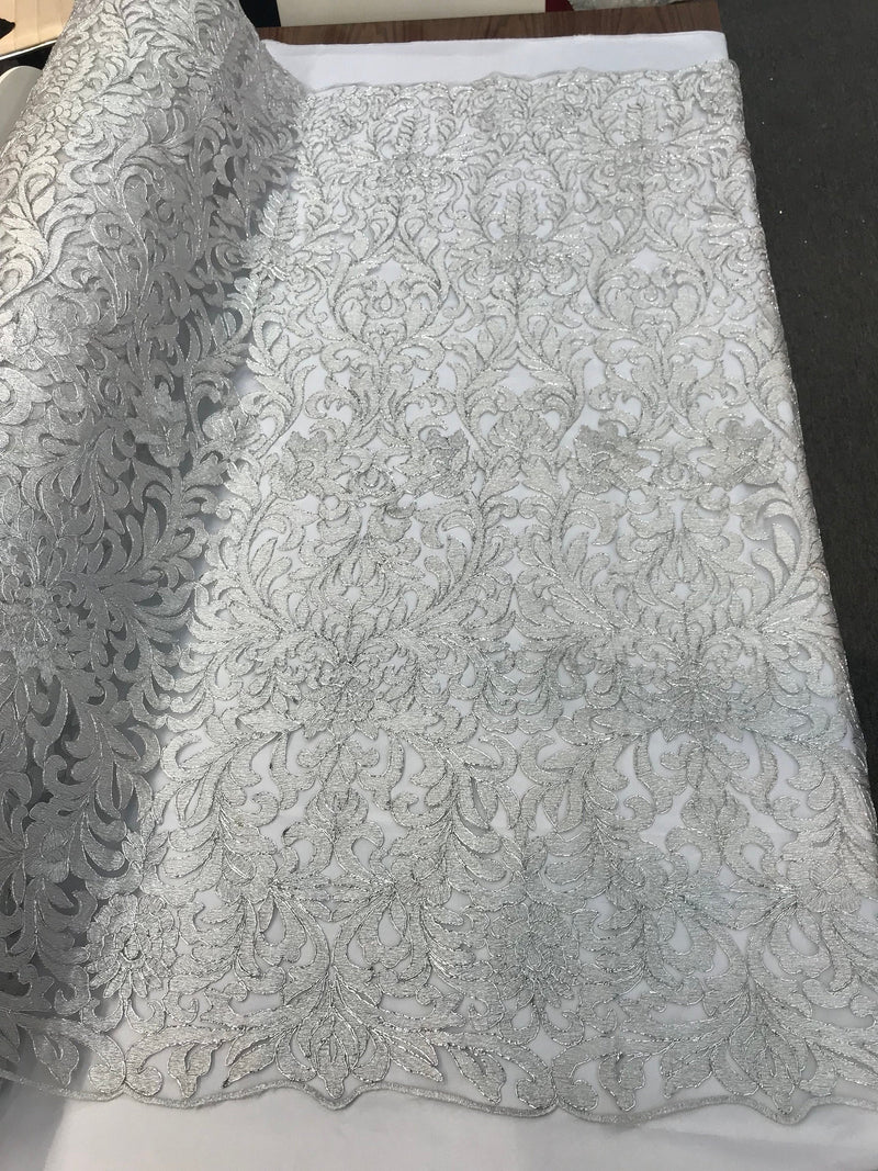 Silver damask design embroidery with metallic cord on a mesh lace-dresses-fashion-apparel-prom-nightgown-sold by the yard.