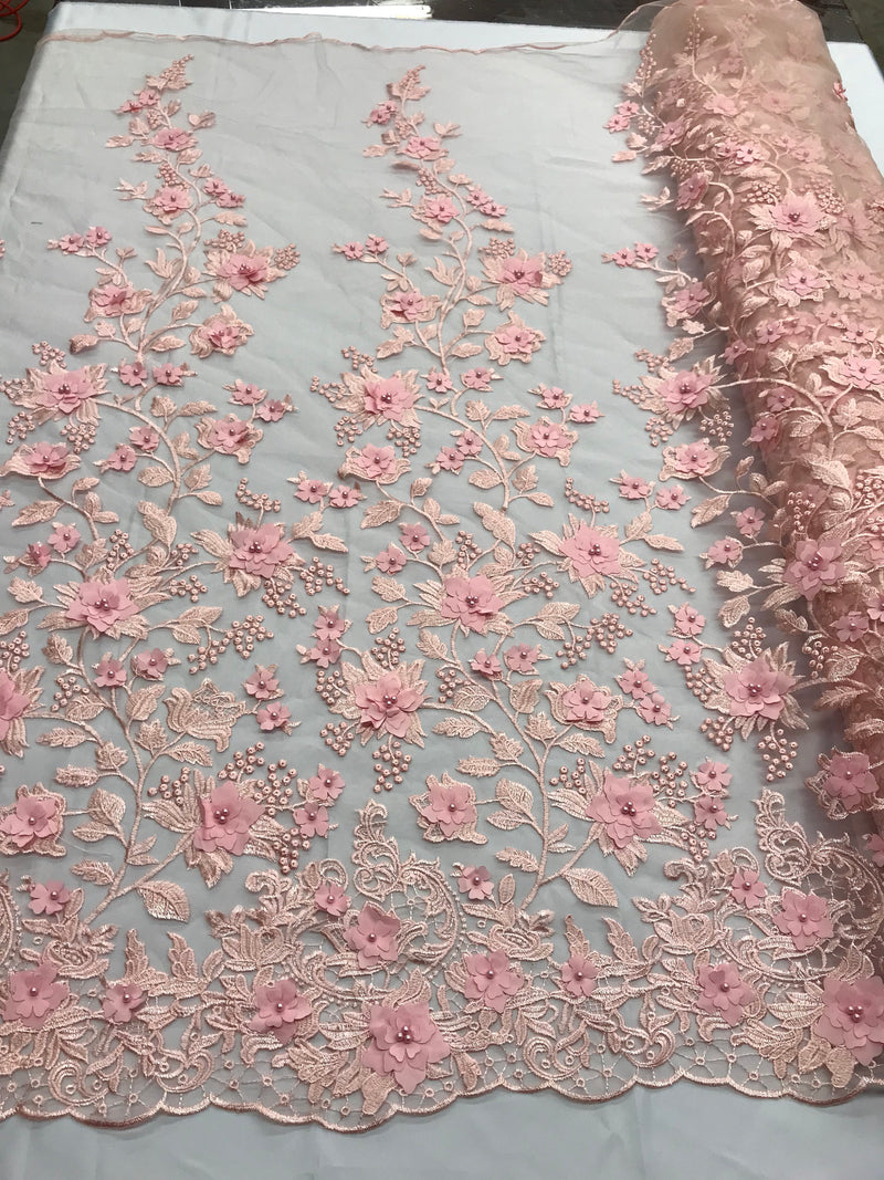 Pink 3d floral princess design embroider with pearls on a mesh lace-sold by the yard