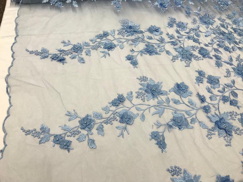 Periwinkle blue 3d floral princess design embroider with pearls on a mesh lace-sold by the yard