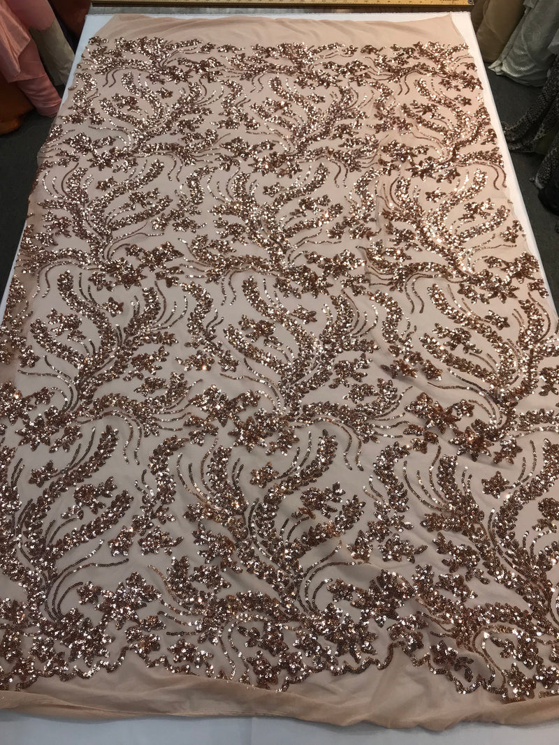 Rose gold sequins vine design embroidery on a 4 way Stretch Mesh-dresses-aparel-prom-nightgown-decorations-sold by the yard.