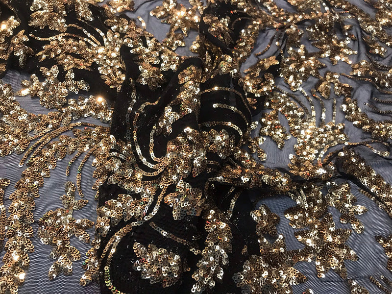 Gold sequins vine design embroidery on a black 4 way Stretch Mesh-dresses-fashion-prom-nightgown-decorations-sold by the yard.