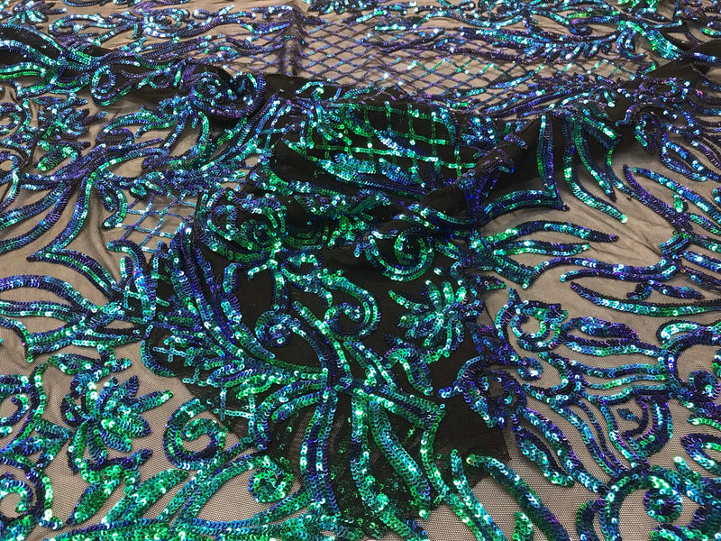 Green iridescent Sequins damask design embroidery on a black 4 way stretch power mesh-sold by yard
