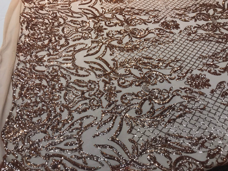 Gold rose sequins damask design embroidery on a nude 4 way stretch power mesh-sold out by the yard