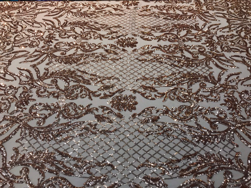 Gold rose sequins damask design embroidery on a nude 4 way stretch power mesh-sold out by the yard