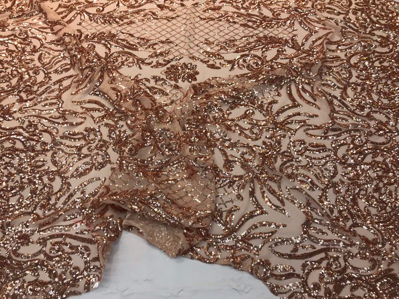 Gold rose sequins damask design embroidery on a nude 4 way stretch power mesh-sold out by the yard