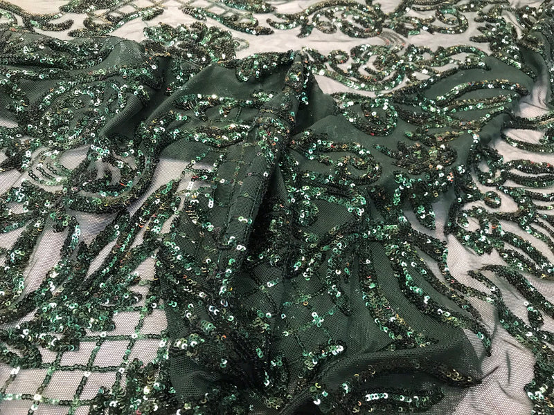 Hunter green sequins damask design embroidery on a 4 way stretch power mesh-dresses-fashion-apparel-prom-nightgown-sold by the yard.