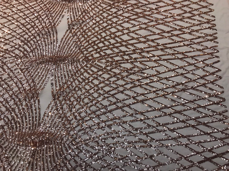 Rose gold sequins diamond design embroidery on a 4 way stretch power mesh-sold by the yard