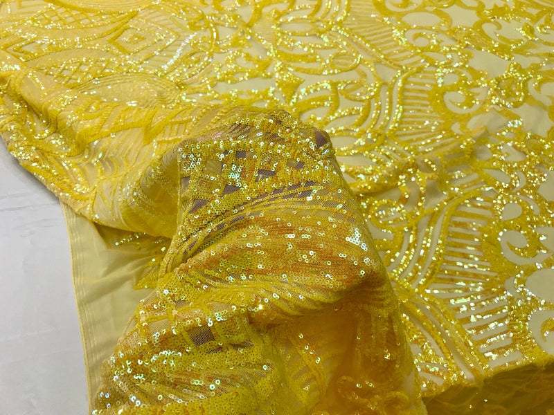 Yellow iridescent royalty design embroidery with sequins on a 4 way stretch mesh-dresses-fashion-prom-nightgown-apparel-sold by the yard.