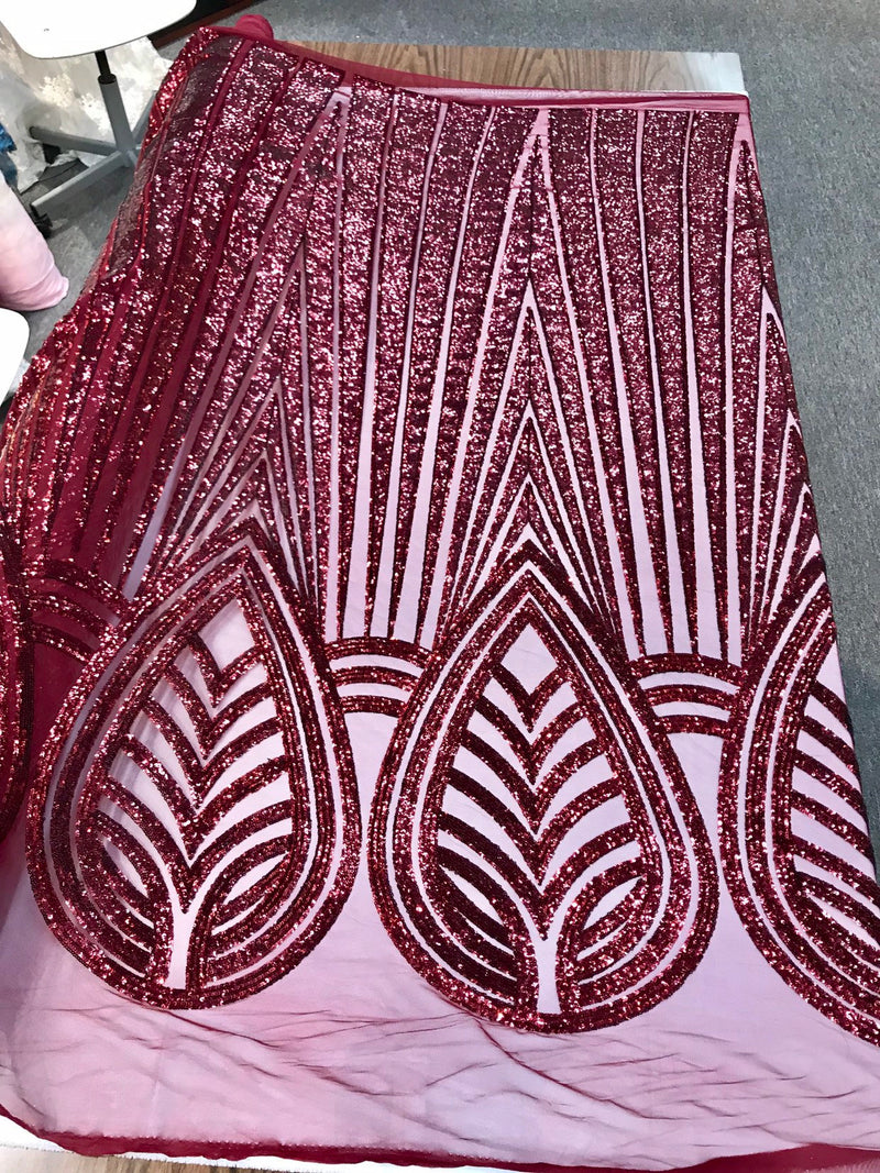 Burgundy shiny sequins geometric design embroidery on a mesh-dresses-prom-nightgown-sold by yard-free shipping.