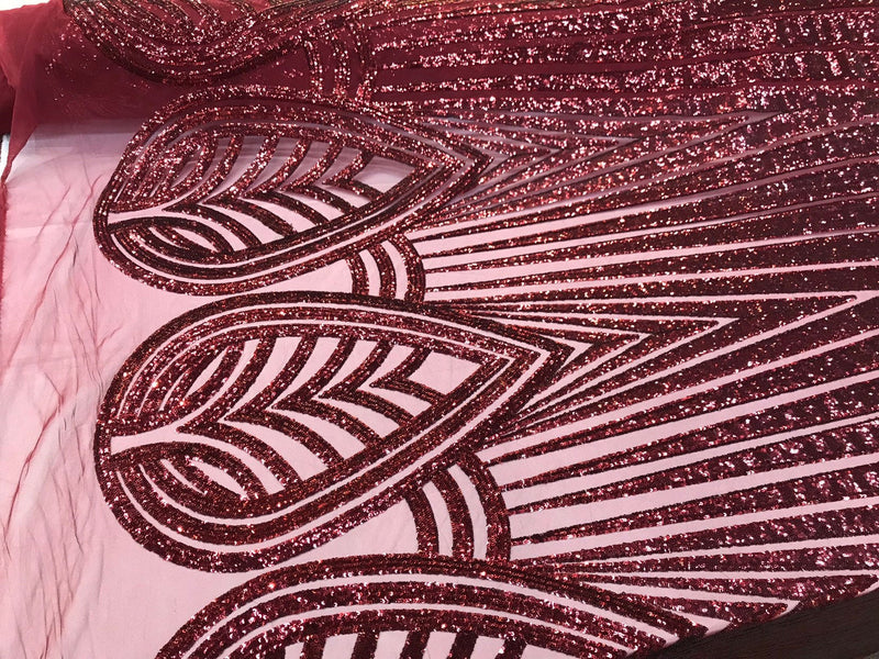 Burgundy shiny sequins geometric design embroidery on a mesh-dresses-prom-nightgown-sold by yard-free shipping.