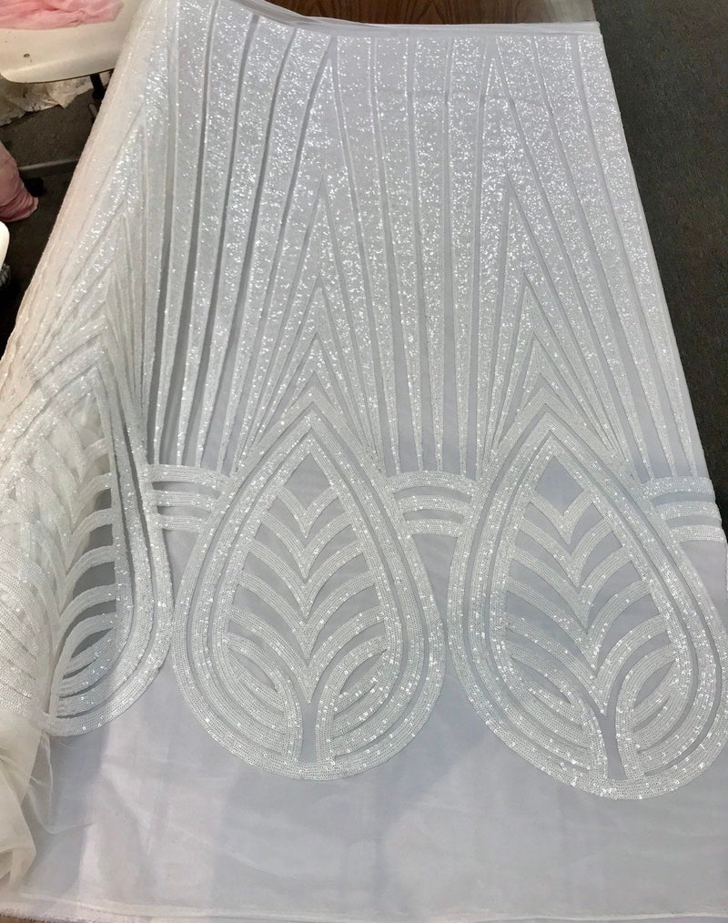 White shiny sequins geometric design embroidery on a mesh-dresses-prom-nightgown-sold by the yard-free shipping.