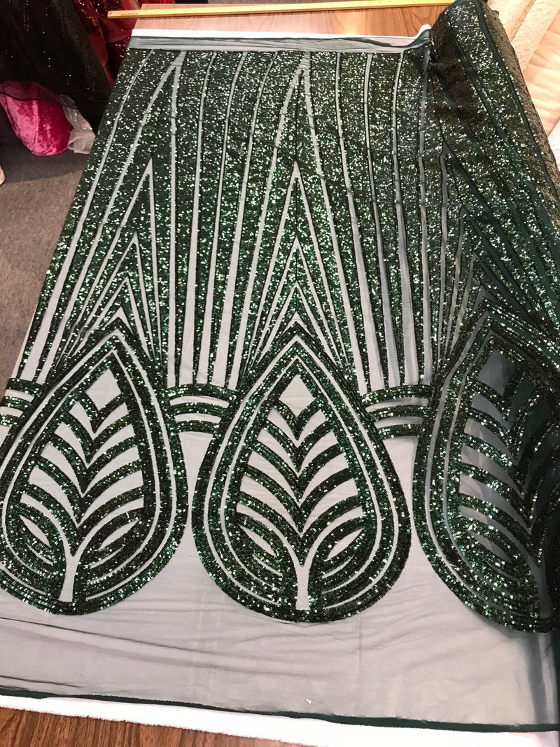 Hunter green shiny sequins geometric design embroidery on a mesh-dresses-prom-nightgown-sold by the yard-free shipping.