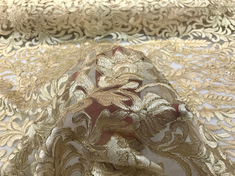Gold damask design embroidery with metallic cord on a mesh lace-dresses-fashion-prom-apparel-nightgown-sold by the yard.