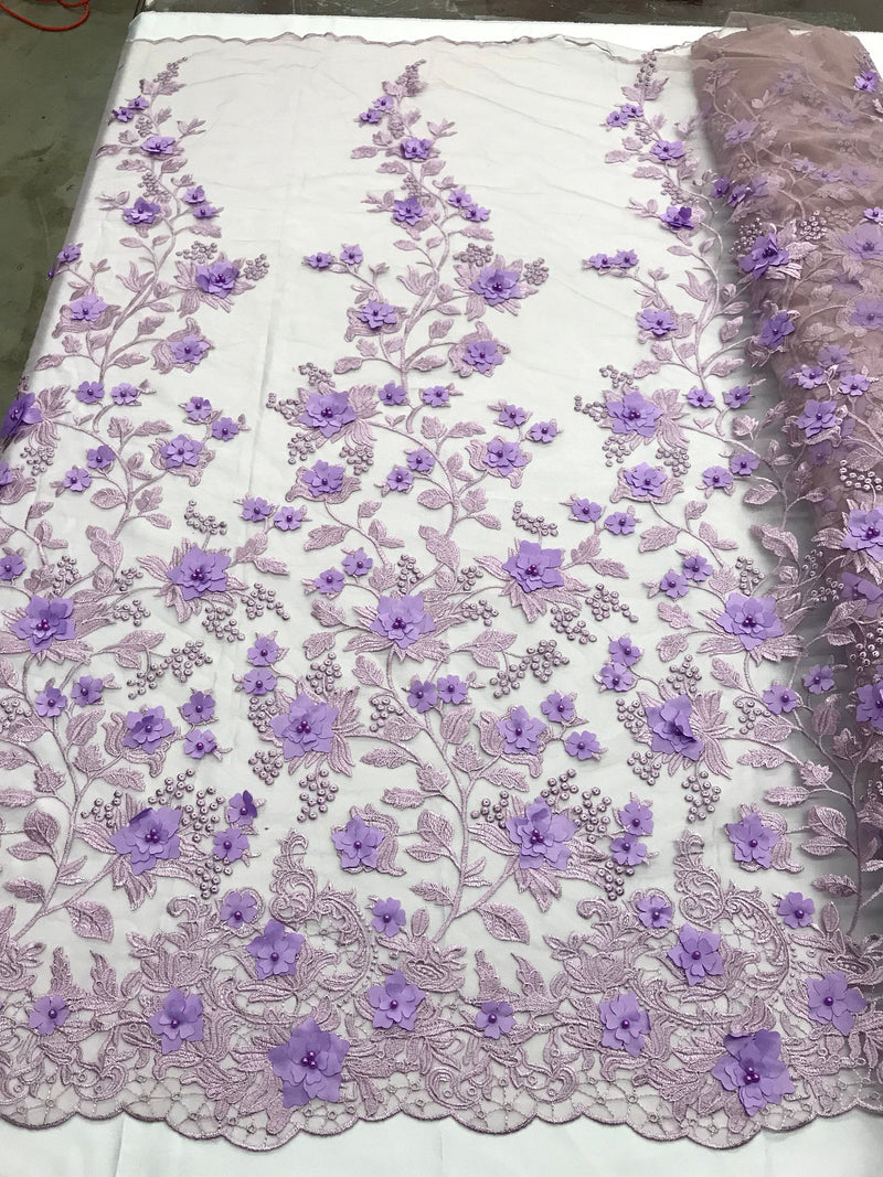 Lilac 3d floral princess design embroider with pearls on a mesh lace-sold by the yard