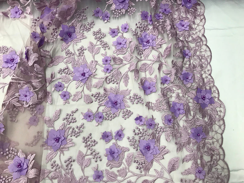 Lilac 3d floral princess design embroider with pearls on a mesh lace-sold by the yard