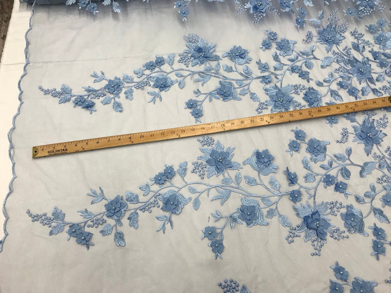 Periwinkle blue 3d floral princess design embroider with pearls on a mesh lace-sold by the yard