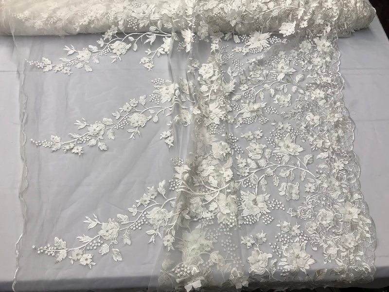 Ivory 3d floral princess design embroider with pearls on a mesh lace-sold by the yard