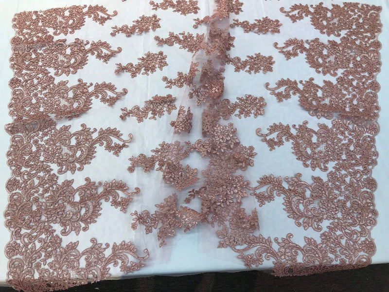Dusty rose Sequin lace with cord embroidery flowers on a texture mesh-dresses-fashion-prom-nightgown-sold by yard-free shipping.