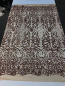 Shiny sequin damask design embroidery on a 4 way stretch mesh-dresses-prom-nightgown-sold by yard-free shipping.