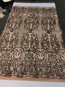 Shiny sequin damask design embroidery on a 4 way stretch mesh-dresses-prom-nightgown-sold by yard-free shipping.