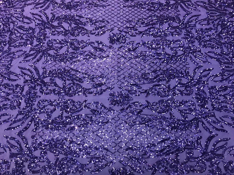 Lavender shiny sequin damask design embroidery on a 4 way stretch mesh-dresses-prom-sold by yard.