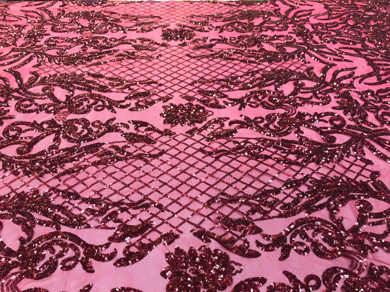 Burgundy shiny sequin damask design on a 4 way stretch mesh-sold by the yard.