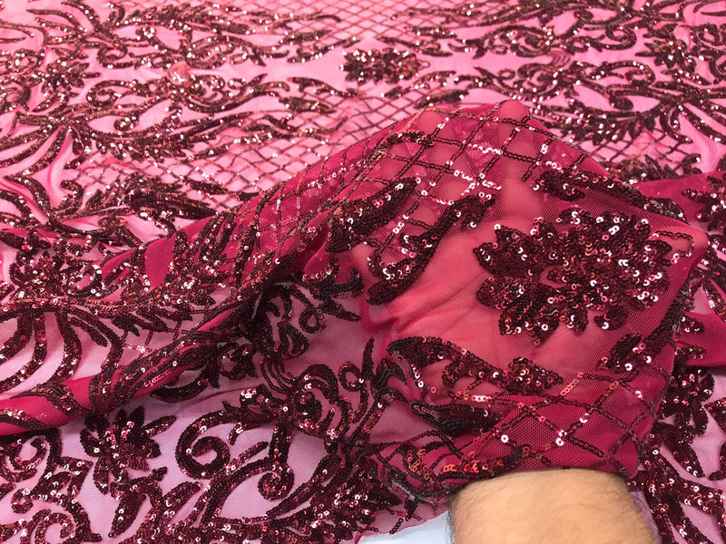 Burgundy shiny sequin damask design on a 4 way stretch mesh-sold by the yard.