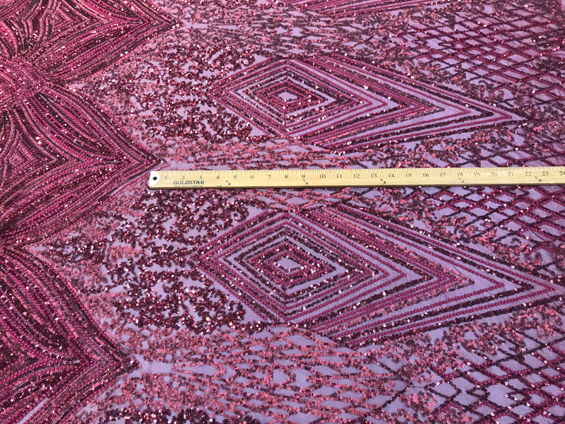 Burgundy sequin diamond design embroidery on a 4 way stretch mesh-sold by the yard.