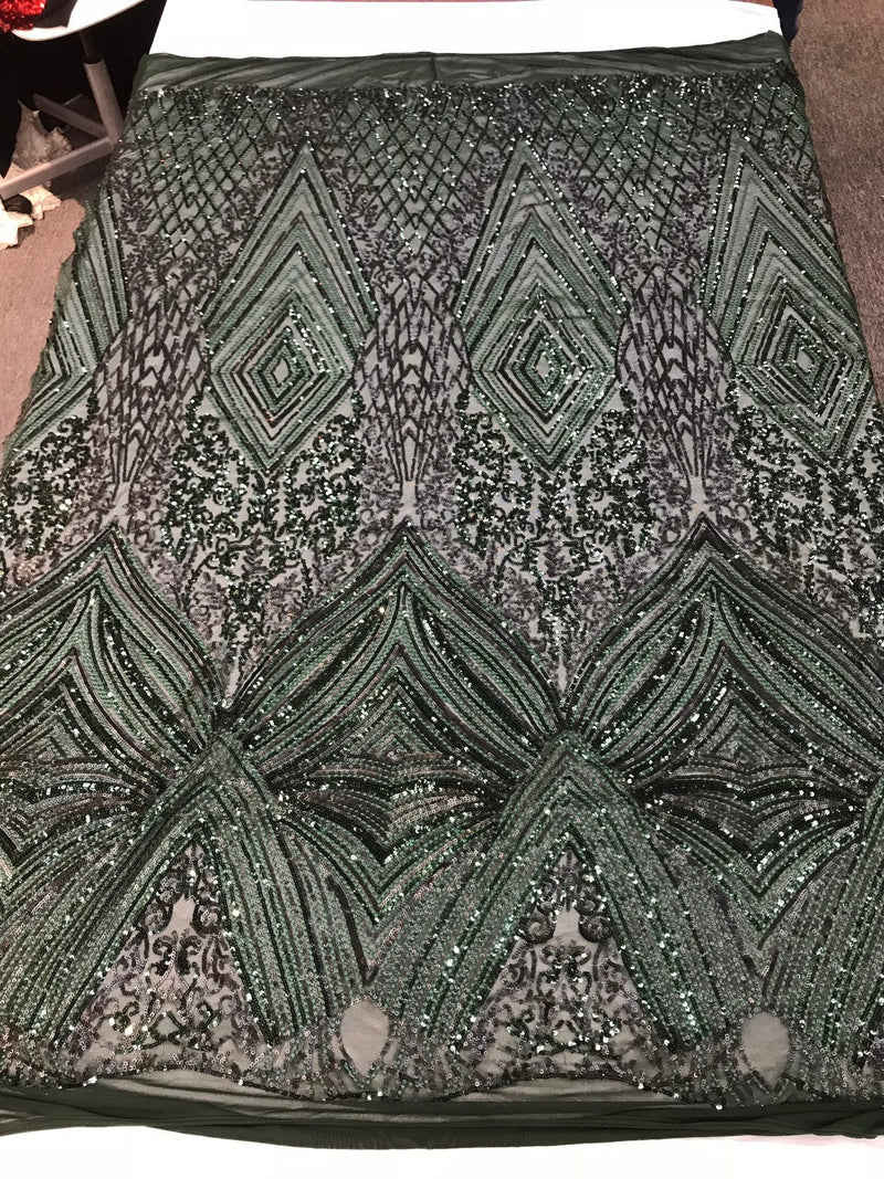 Hunter green sequin diamond design embroidery on a 4 way stretch mesh-dresses-fashion-prom-nightgown-sold by yard-free shipping.