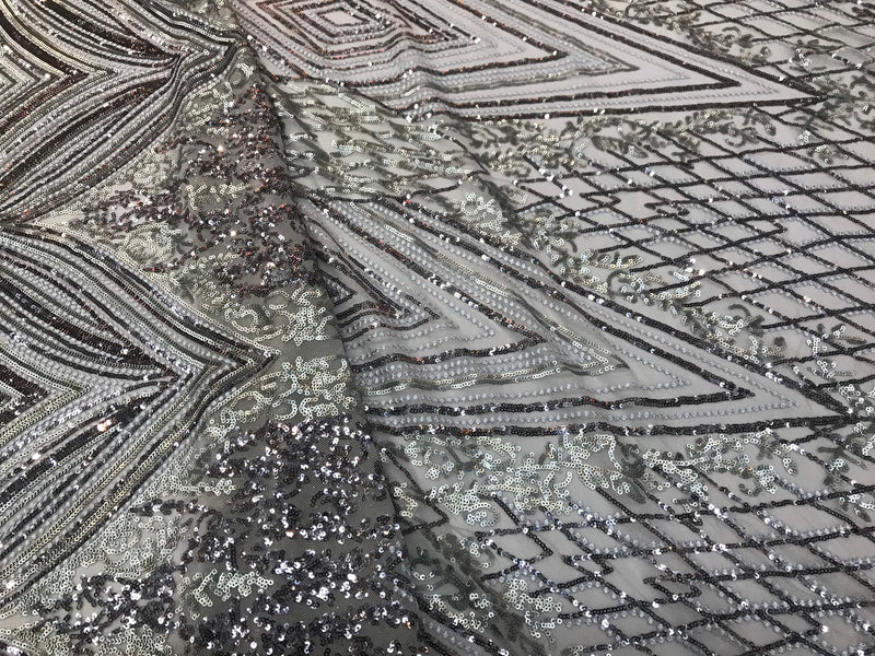 Gray sequin diamond design embroidery on a 4 way stretch mesh-dresses-fashion-prom-nightgown-sold by the yard-free shipping.