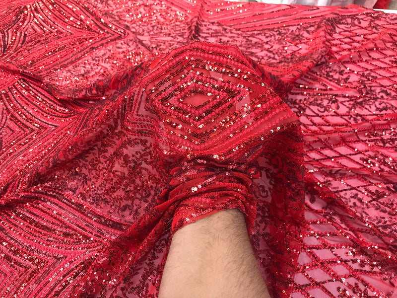 Red sequin diamond design embroidery on a 4 way stretch mesh-dresses-fashion-prom-nightgown-sold by yard-free shipping .