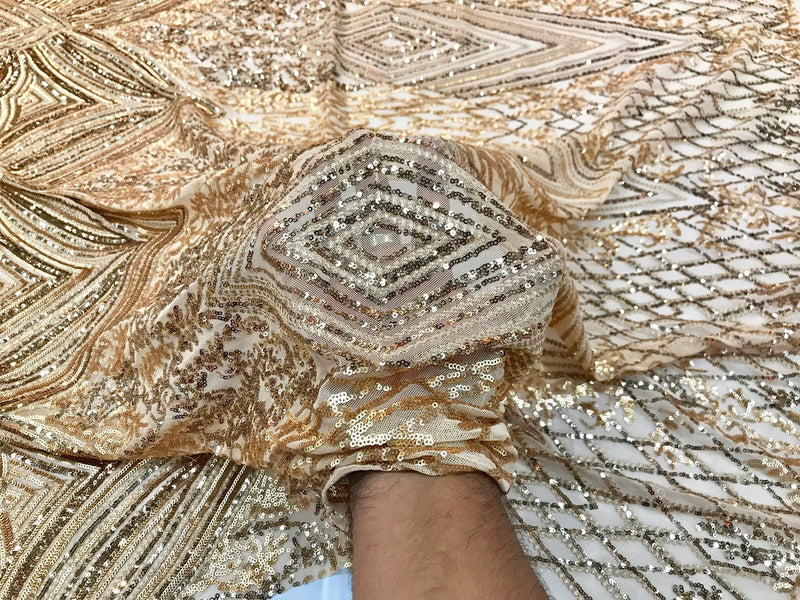 Gold sequin diamond design embroidery on a 4 way stretch mesh-sold by the yard.