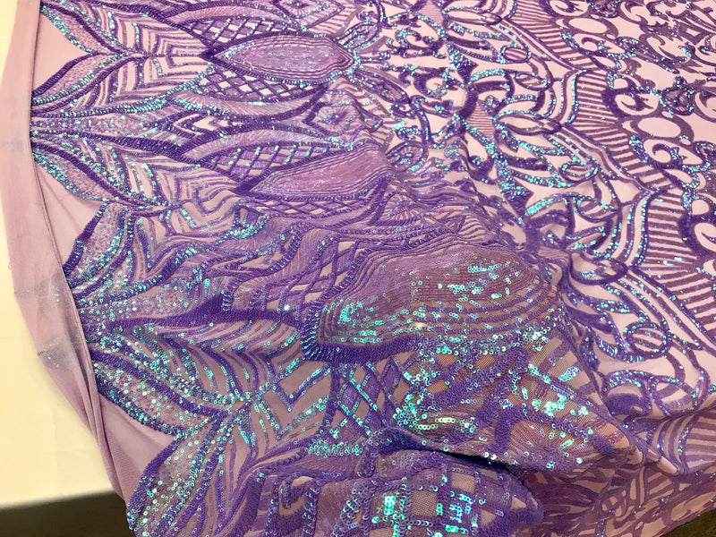 Lilac iridescent royalty design embroidery with sequins on a lilac 4 way stretch mesh-dresses-fashion-prom-nightgown-sold by the yard.