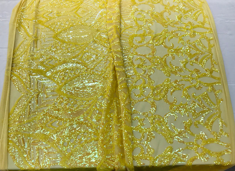 Yellow iridescent royalty design embroidery with sequins on a 4 way stretch mesh-dresses-fashion-prom-nightgown-apparel-sold by the yard.